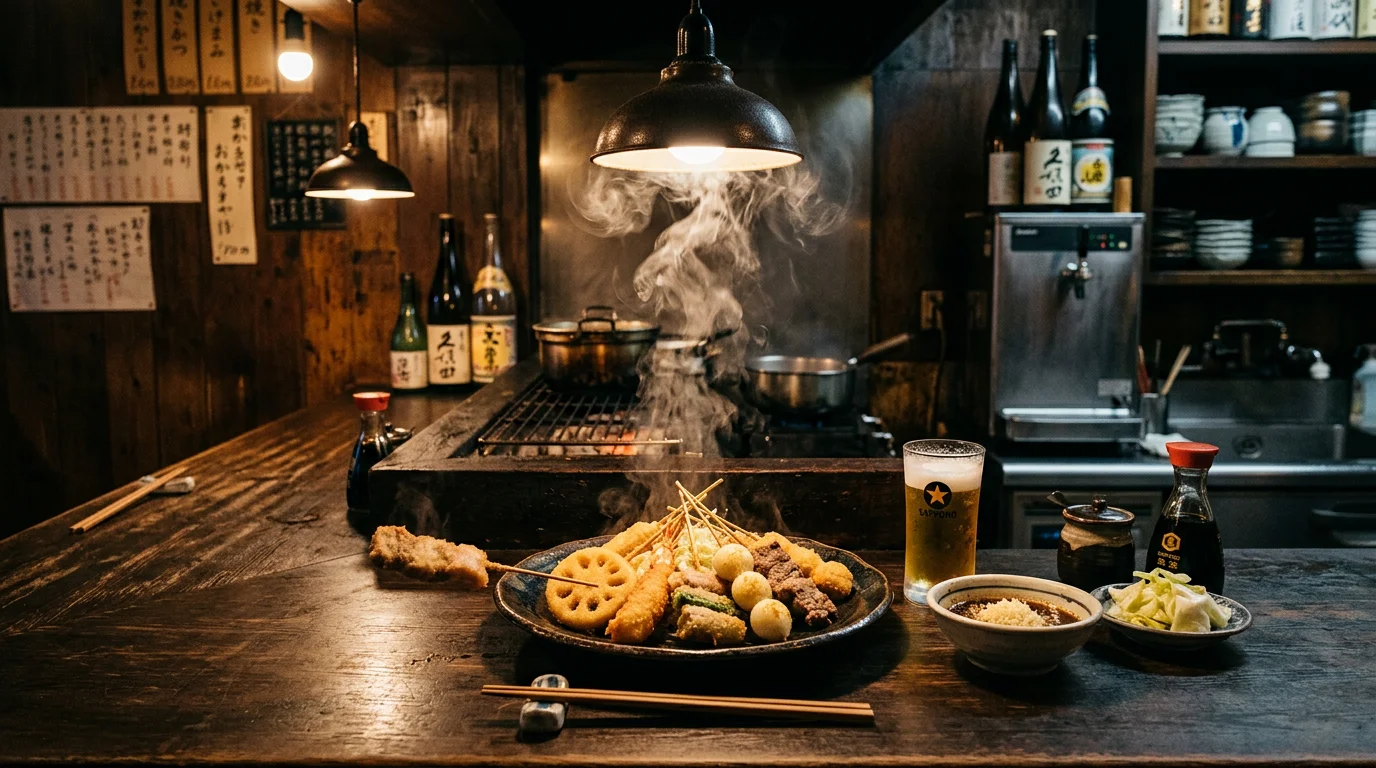 木目のテーブル席とやわらかな照明が広がる居酒屋の内観