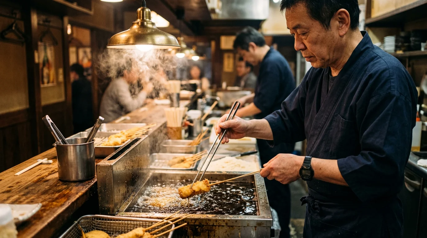 揚げ場で衣をまとった串を油に入れる料理人の手元