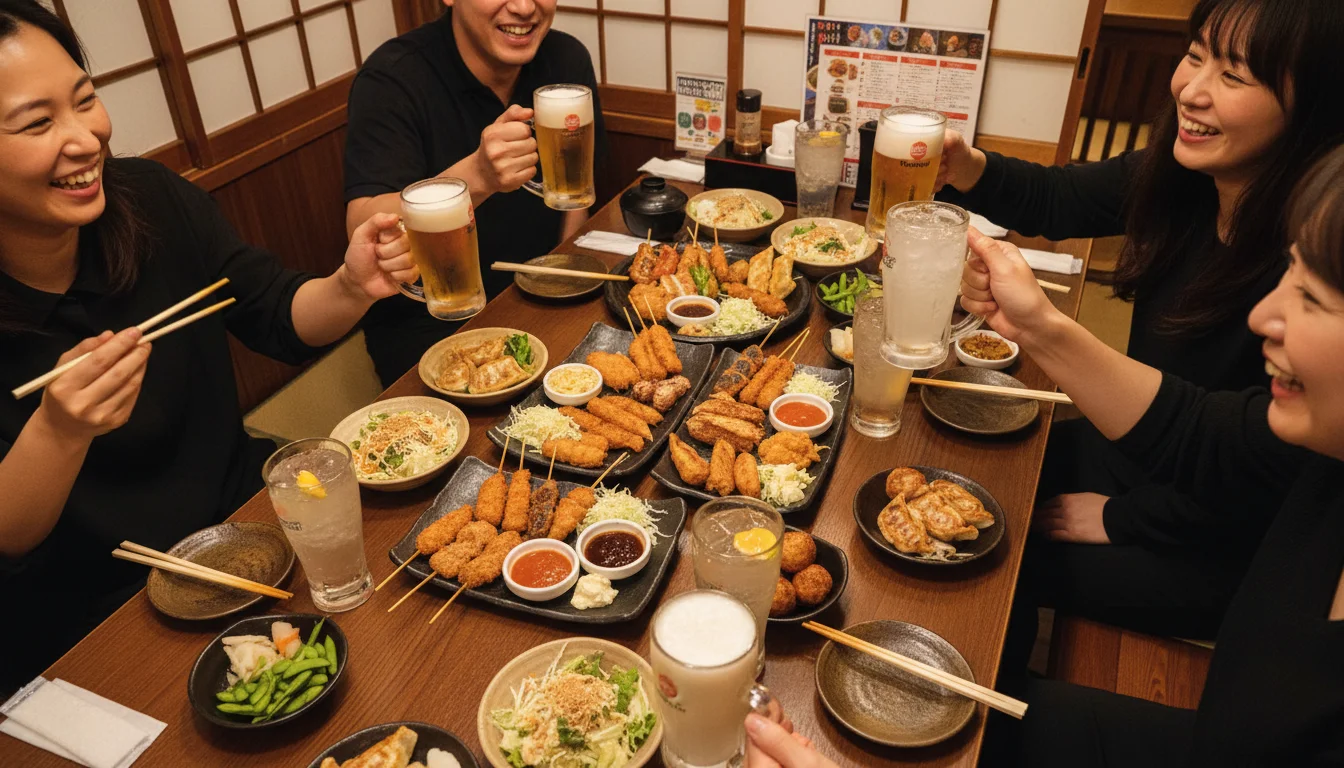串カツの皿と飲み物が並ぶ複数人用のテーブル席