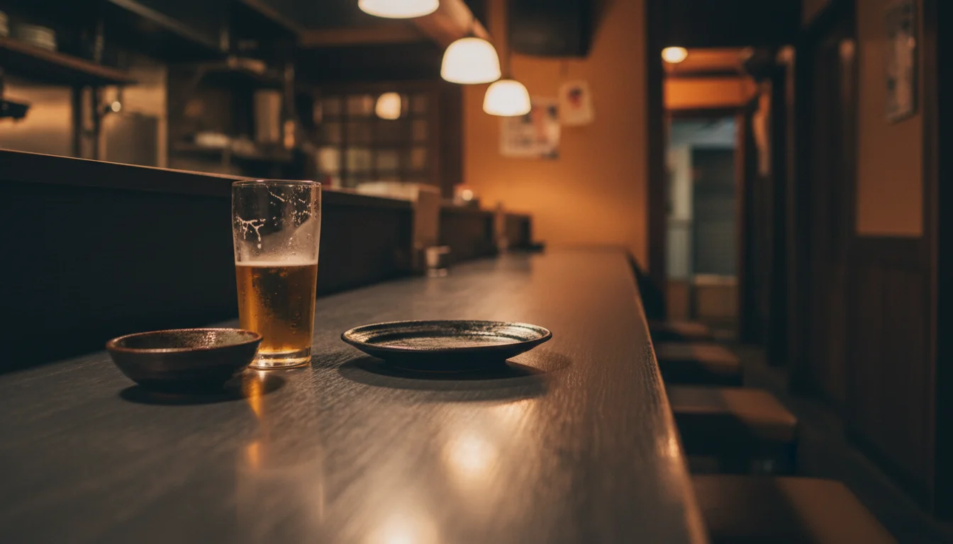 カウンターに並ぶグラスと料理、夜の店内の一角