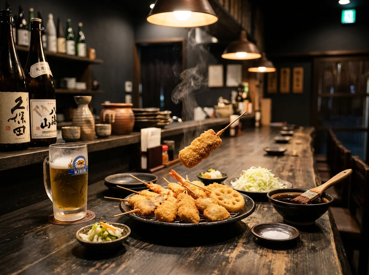 木の卓上に並ぶ揚げたての串カツと小皿の盛り合わせ
